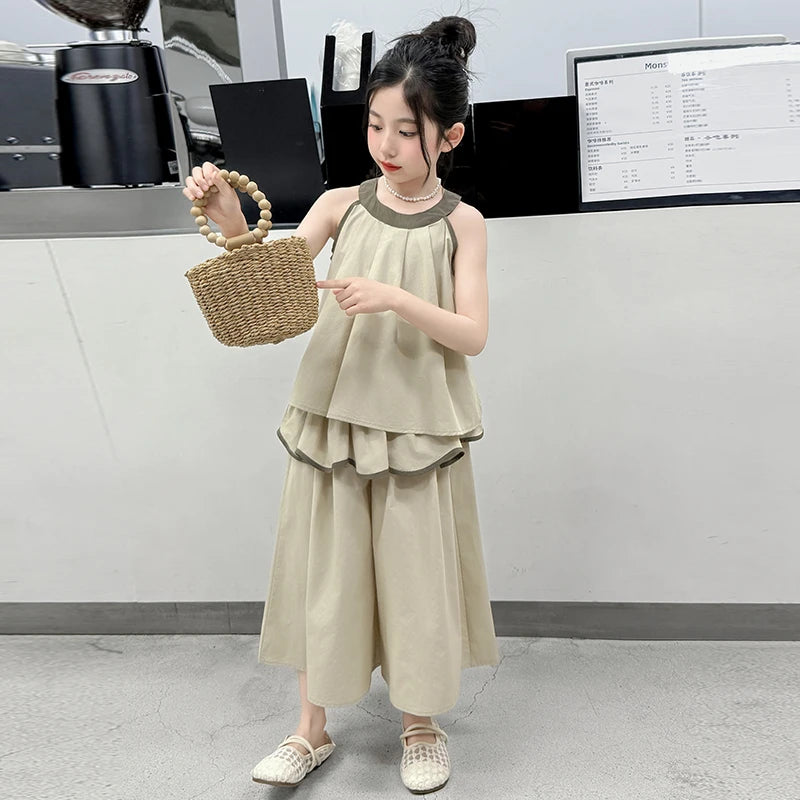 Girls Summer Casual Loose Skirt Pants Set Two Piece Outfit Big Kids Fashion Children's Clothing Set Comfortable