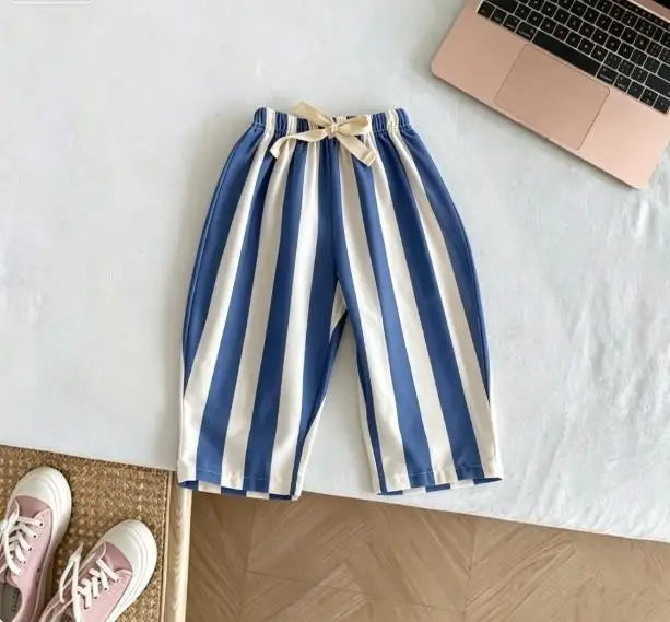 Kids Casual Loose Fit Pants Cotton Trousers With Striped Drawstring Design Multiple Color Choices Suitable For Boys And Girls