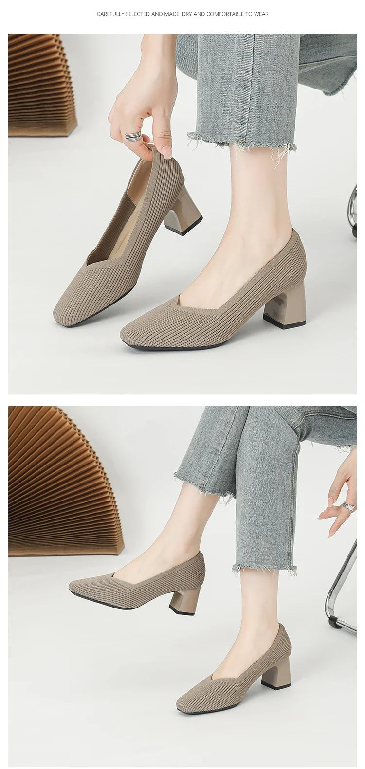 Shoes Woman High Heels Comfortable Square Knitted Breathable Comfortable Women's Flats Shoes (5cm High) 2025 New Collection
