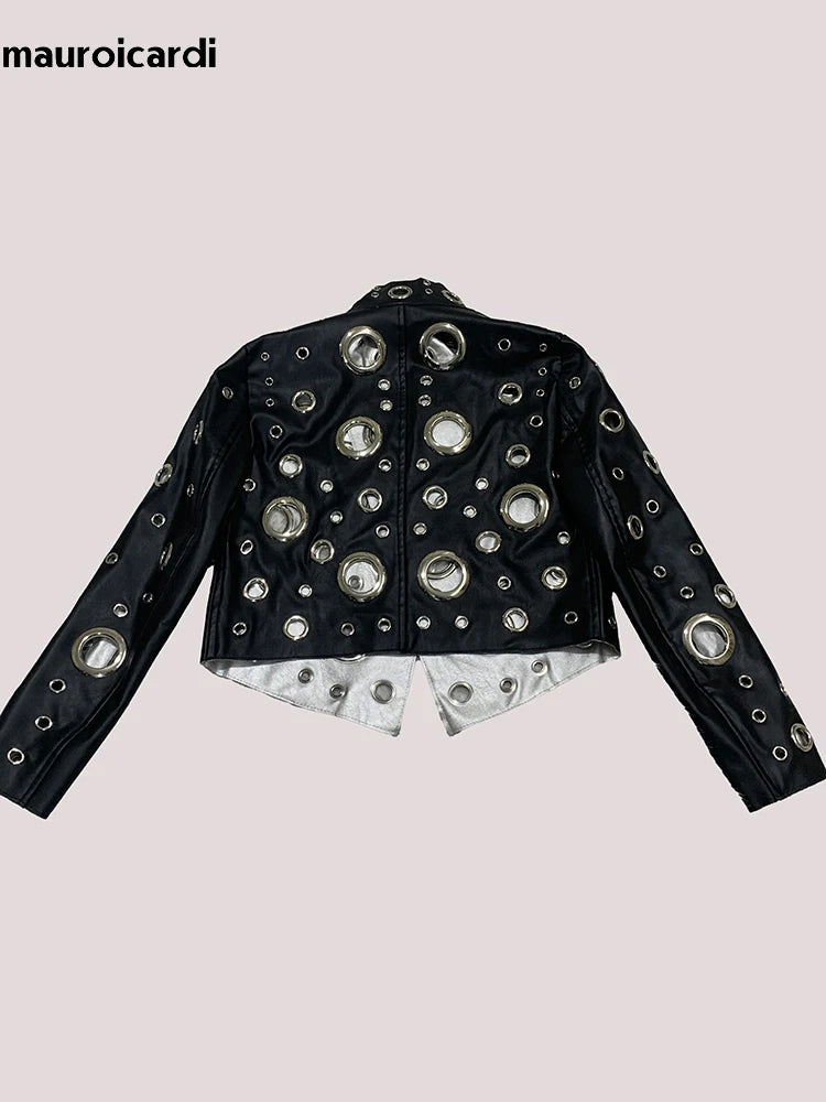 Mauroicardi Spring Short Hollow Out Patchwork Short Pu Leather Jacket Women Cool Luxury Designer European Style Clothes Fashion