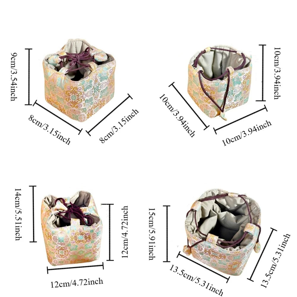 Chinese Style Tea Set Organizer Bag Embroidered Breakage-proof Teacup Drawstring Cloth Pouch Tea Ceremony Accessories