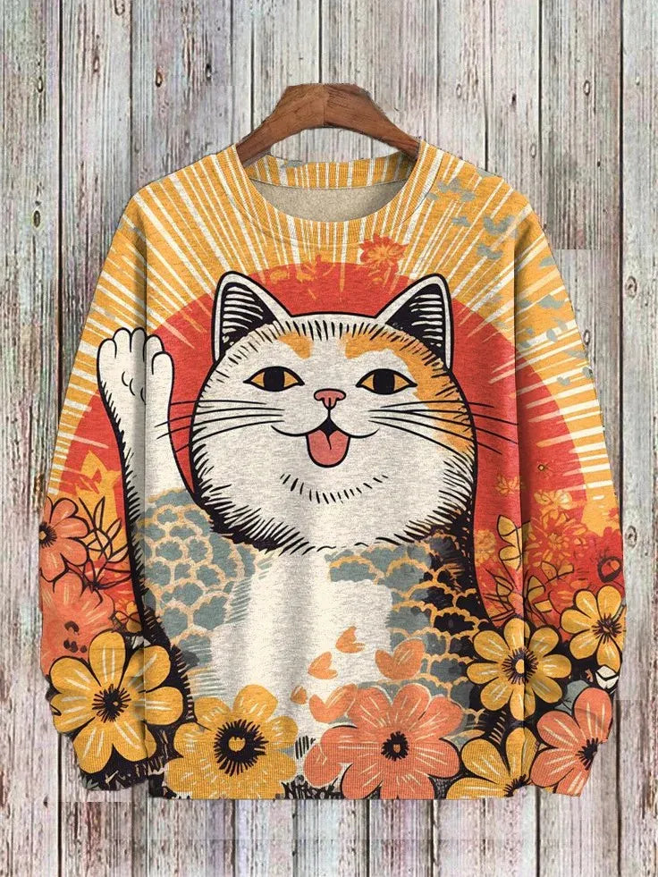 Japanese Fashion Men's Sweatshirt Funny Animal Graphic Ukiyo-e O-Neck Pullover Casual Pullover Tops Regular Fit Polyester Shirt