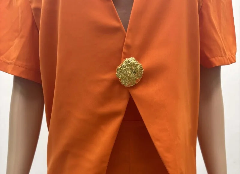 Women's African Style 2 Piece Set Sexy Summer Orange Deep V Neck Blazer & High Waist Shorts Elegant Party Club Outfits