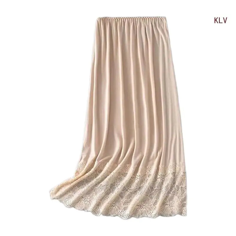 Womens Lace Trim Half Slip Long Underskirt Elastic Waist Solid Color Petticoat Basic Safety Half Skirt for Under Dresses