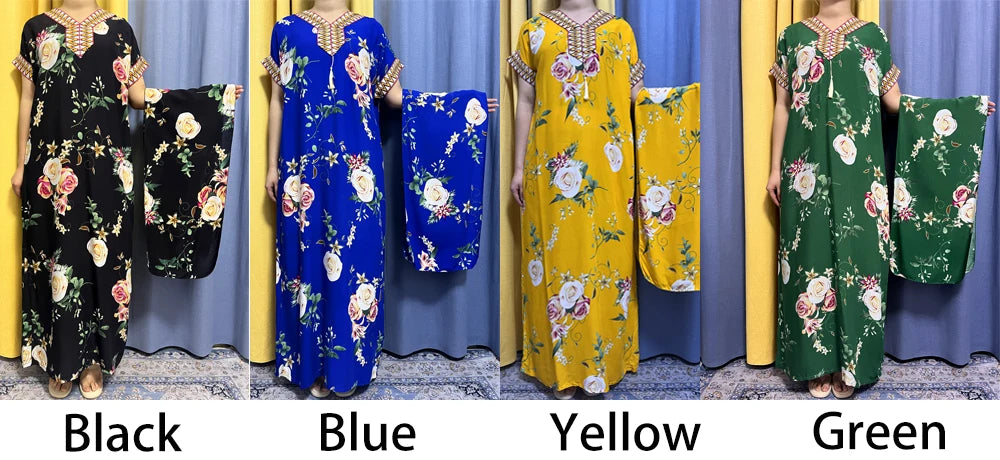 Abayas For Women 2023 Dubai  Fashion Printed Flower Cotton V-neck Slim Fit Short Femme Robe African Woman Dresses With Headscarf