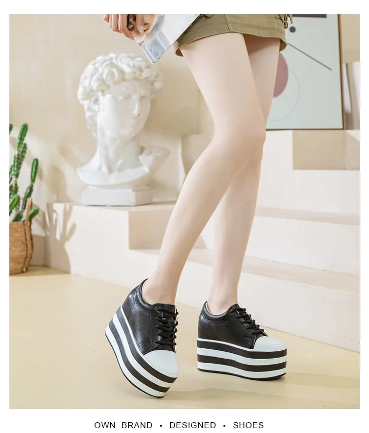 Fujin 12cm Genuine Leather Synthetic Women Autumn Spring Platform Wedge Women Fashion Sneakers Chunky Shoes Vulcanize Skateboard