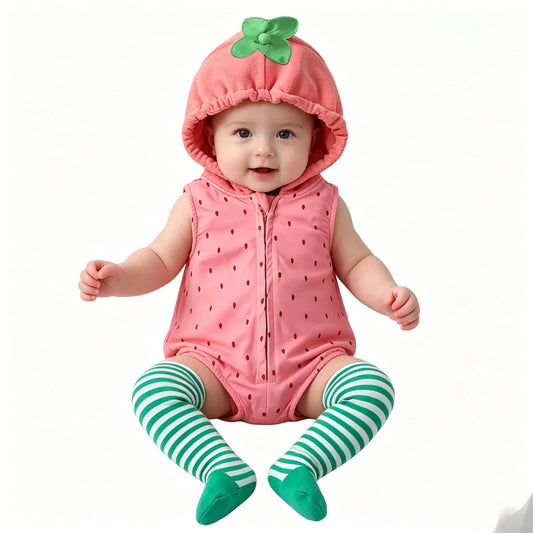 Baby Girls Romper Sleeveless Hooded Strawberry Seed Print Infant Bodysuit with Striped Socks Cute Furit Costumes Outfits