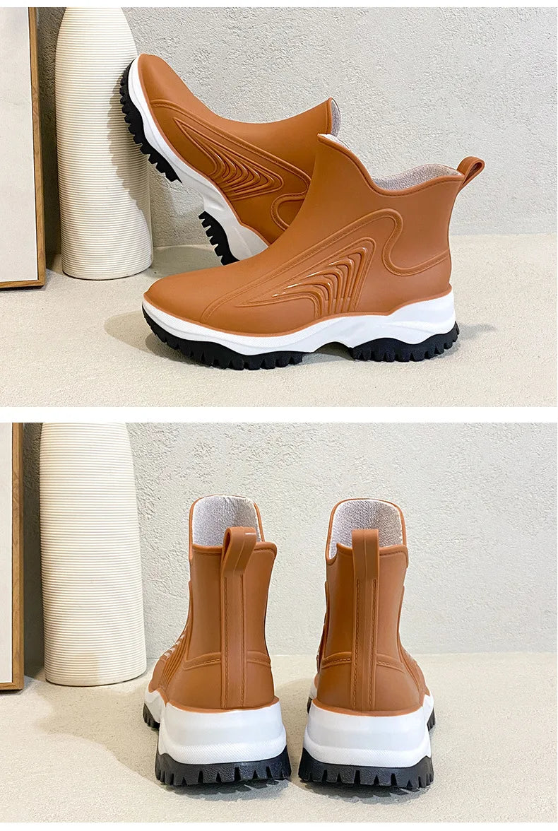 Women Rainboots Slip-on Waterproof Girls Ankle Boots PVC Anti-Slip Spring Autumn Rain Shoes Platform Woman Fishing Rubber Shoes