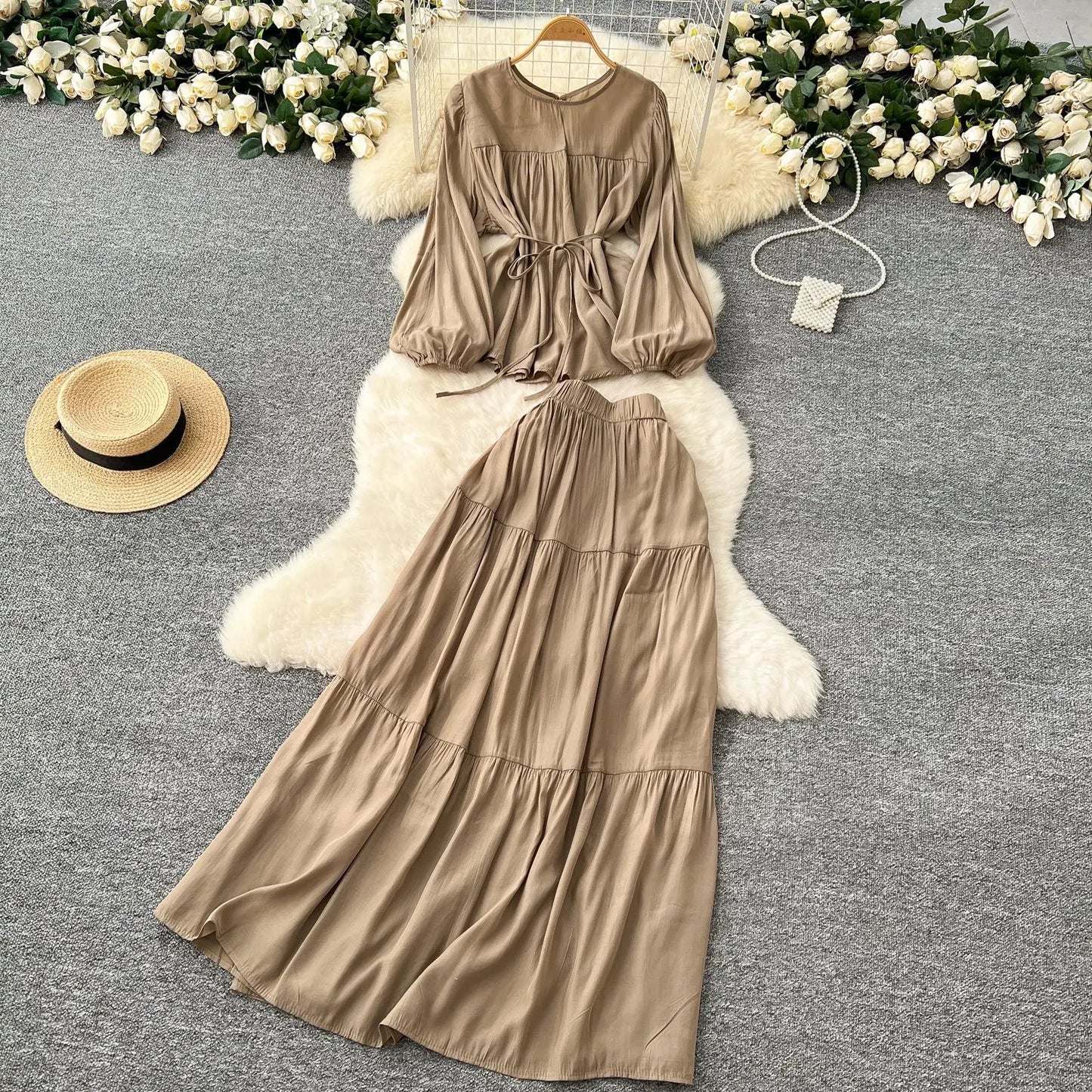 Skirt Set Women Dress Sets Two Piece Sets Round Neck Elegant Casual Loose Tops A Line Long Skirts Elastic Waist Y2k Streetwear