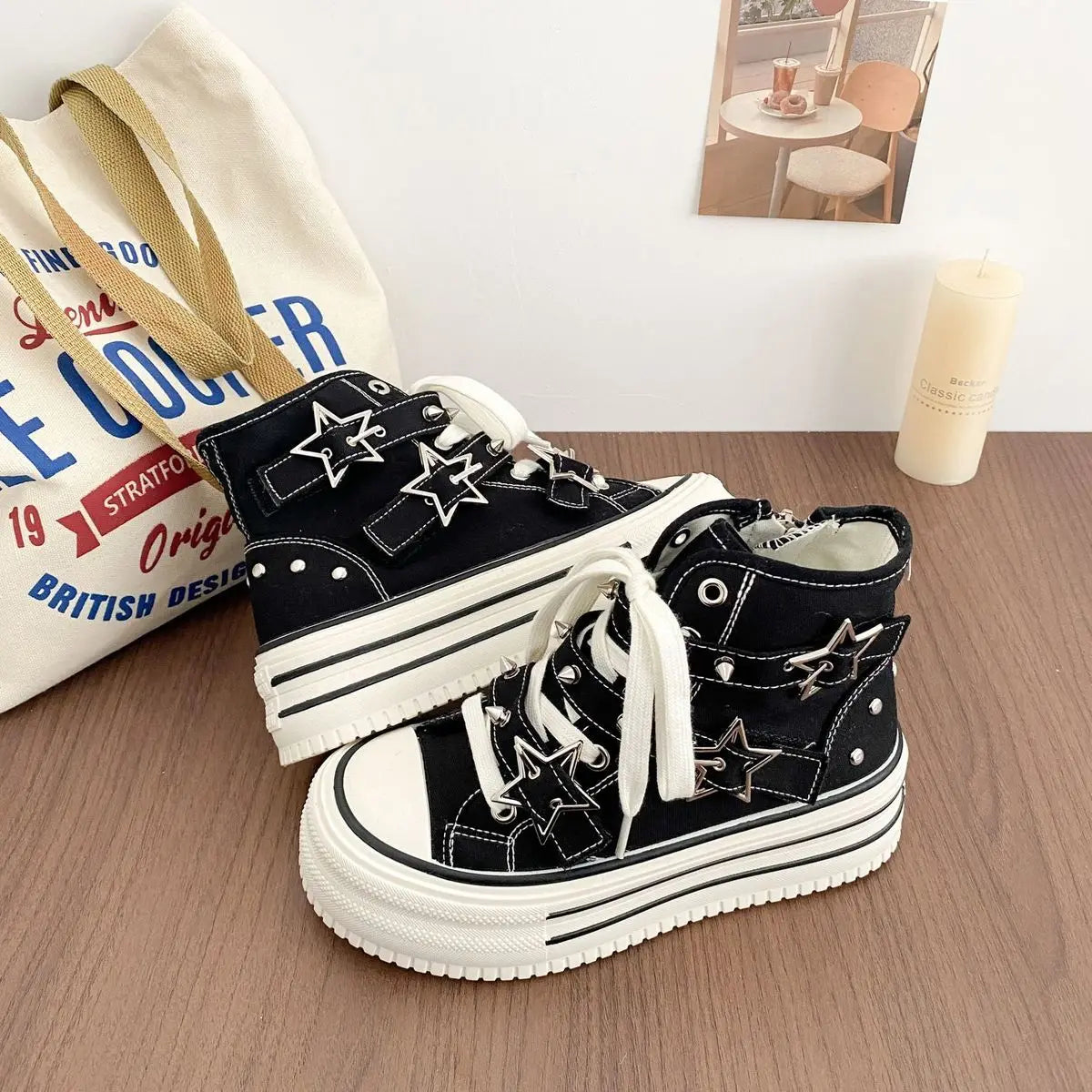 Y2K Pink High-top Canvas Shoes for Women Design Rivet Buckle Lace-up Platform Women's Summer Sports Shoes Fashion Board-shoe