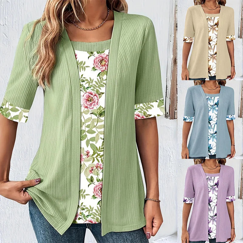 Plus Size Women T Shirts Patchwork Two Piece Top Set Loose Fit Summer Casual
