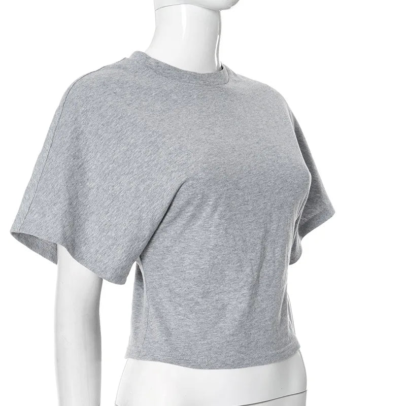 Fashion Casual Solid Gray Cropped T-shirt 2025 Woman Clothes O-neck Corset Tops Streetwear Girls Spring Summer Short Tee Shirts