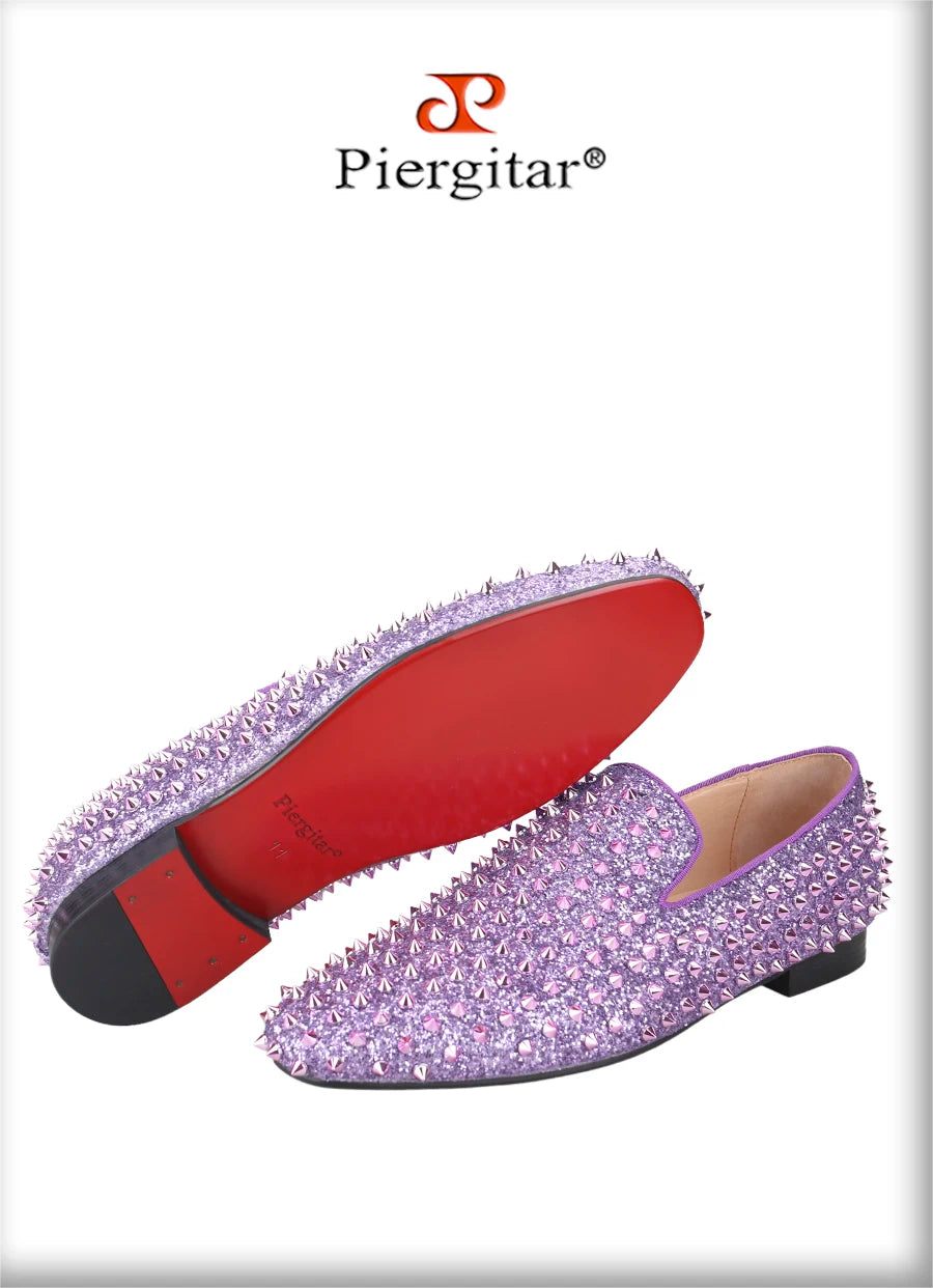 Piergitar Handmade Purple Spikes Men's Loafers For Party and Banquet Wear CL Same Classic Model Red Outsole Slip-On Flats