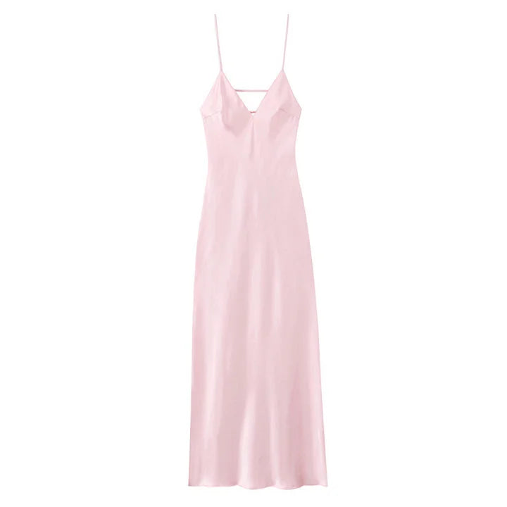 Elegant Satin Pink Women's Long Dresses Fashion Sleeveless Backless Slim Fit Hem Midi Dress Summer Female Holiday Robes 2026