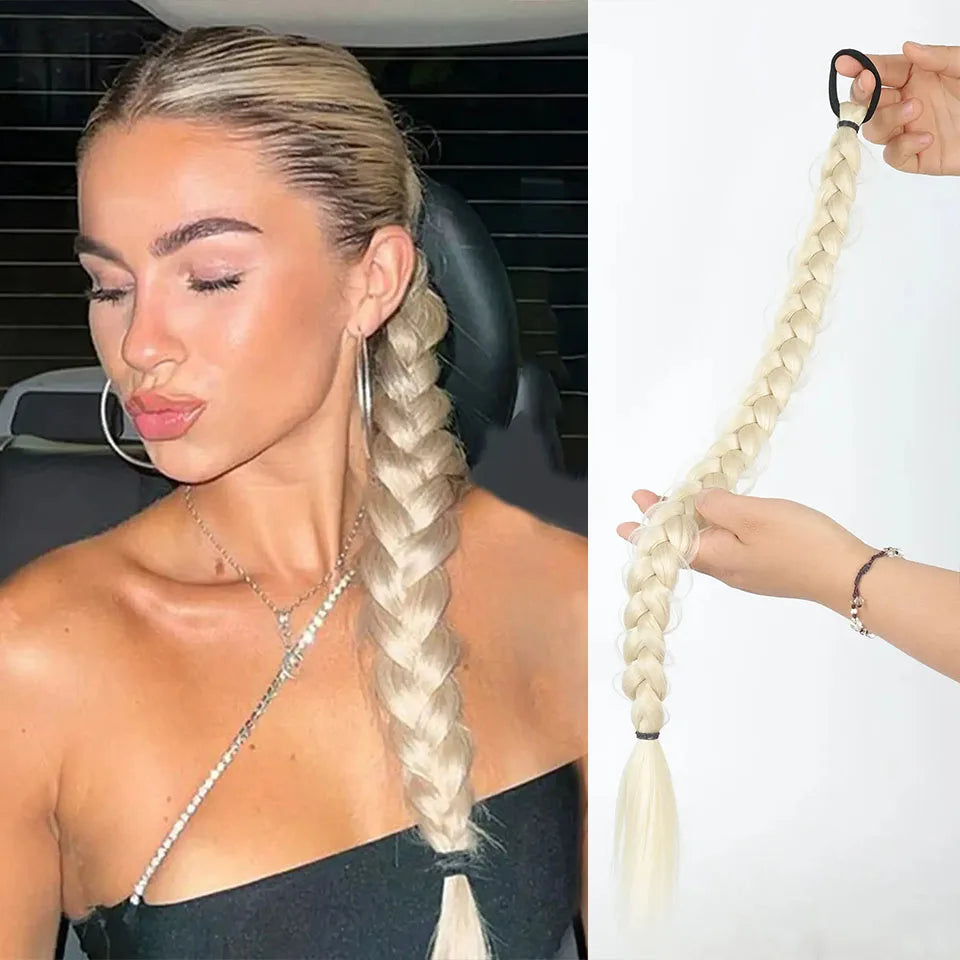 Synthetic Braided Ponytail Hair Extension With Rubber Band Boxing Braids For Women Hair Accessories 24Inch Long Black Braids