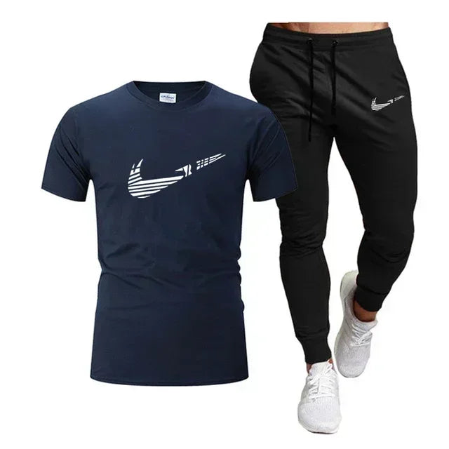 Summer Sports Men's Jogging Pure cotton T-shirt + thin long Pants 2-piece breathable and quick-drying set