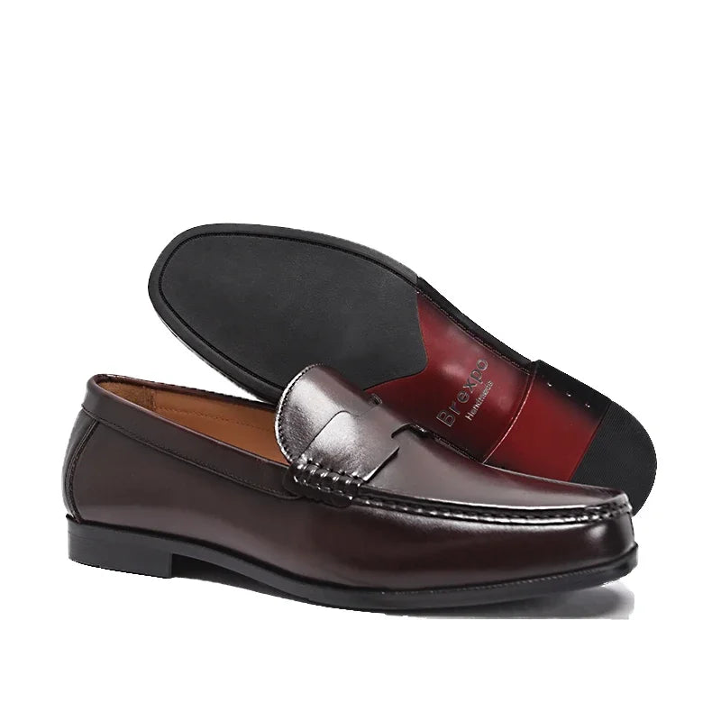 Men's High-End Genuine Leather Loafers Comfortable Flat Casual Glossy Wine Red Handmade Office Banquet Shoes