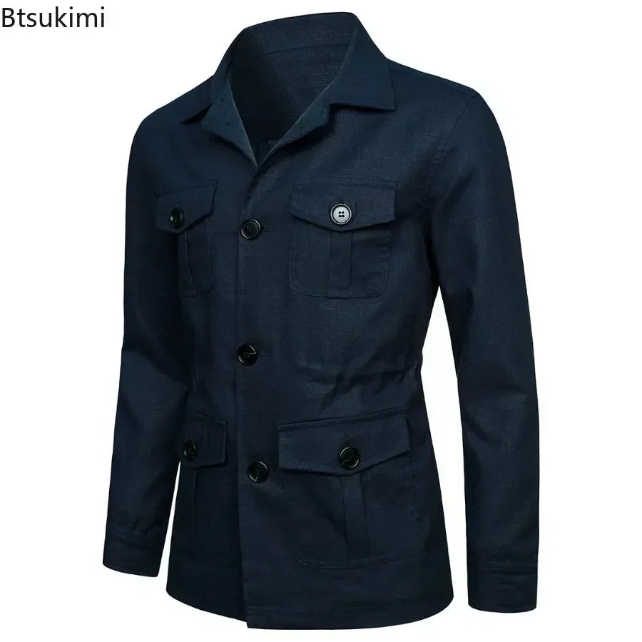 2026 British Style Men's Linen Safari Jackets Fashion Vintage Multi Pockets Cargo Jacket Streetwear Gentry Casual Outerwear Male