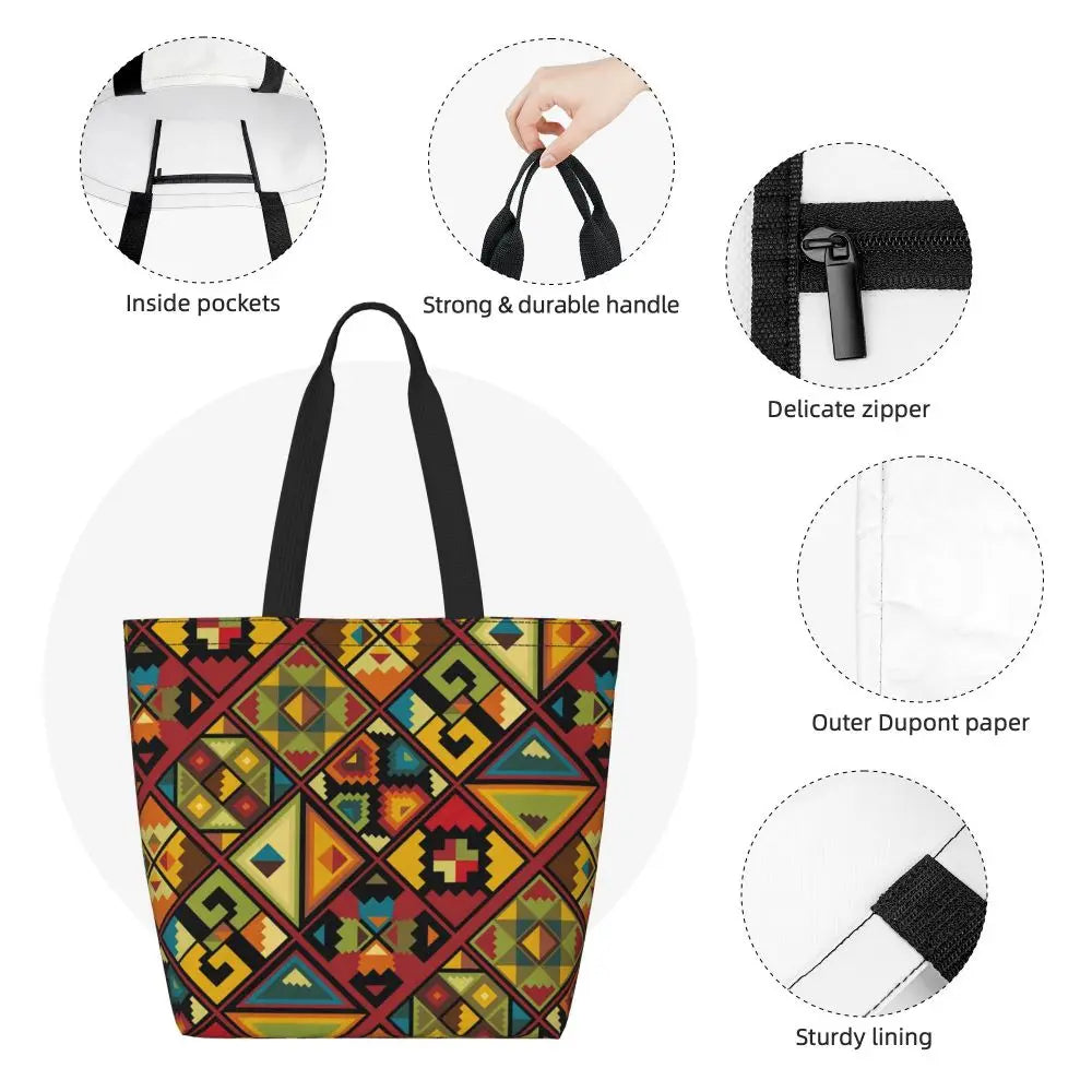 African Ankara Prints Grocery Shopping Tote Bags Women Geometric Ethnic Art Canvas Shoulder Shopper Bags Big Capacity Handbag