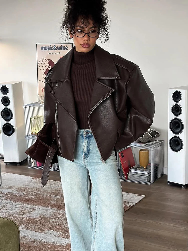 Casual Dark Red  Zipper Leather Short Jackets Women Long Sleeve Lace Up Lapel Loose Button Coat Lady Daily High Street Wear 2026