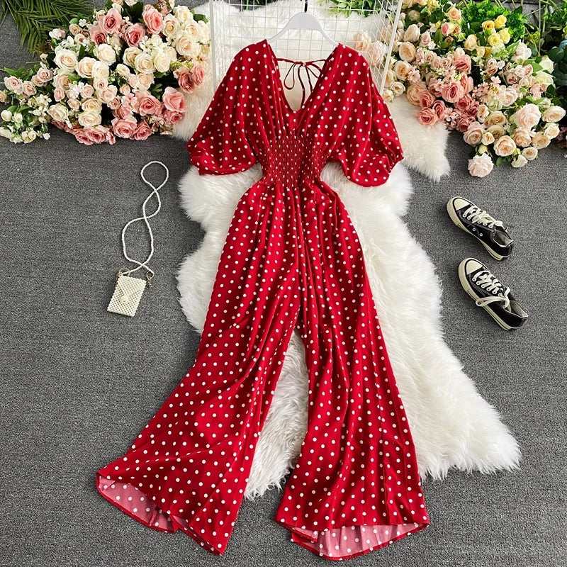 V Neck Sexy Dolman Sleeves Waist Slim Floral Print Jumpsuit Women Wide Leg Trousers Jumpsuit