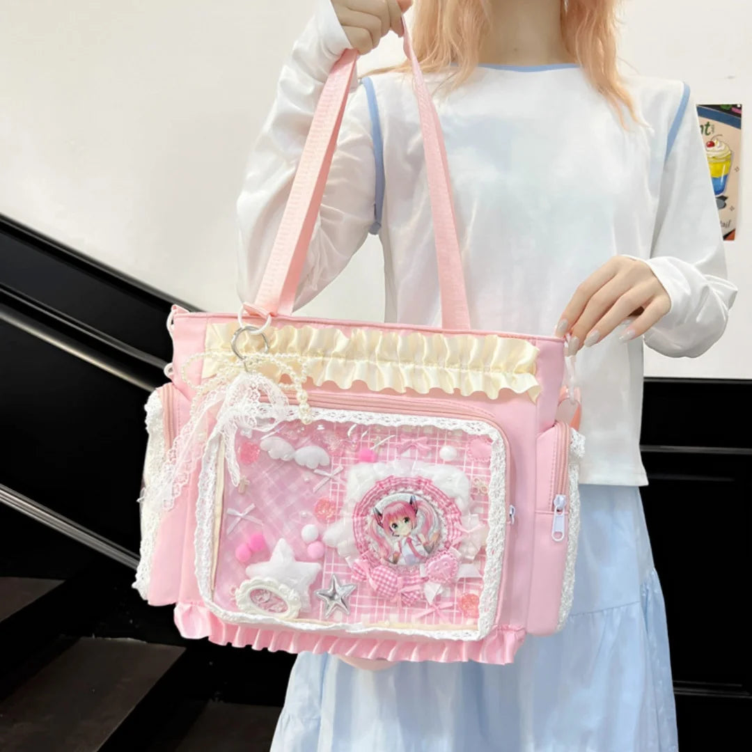 Sweet Lolita Single Shoulder Crossbody Bag Transparent Window Lace Ruffles Anime Badge Display Bag for Women