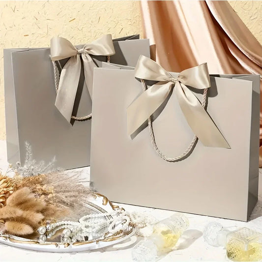 10pcs (5 Bags + 5 Ribbons) Elegant Beige Thank You Gift Bags, Paper Gift Bags, Shopping Bags with Golden Bows - Foldable