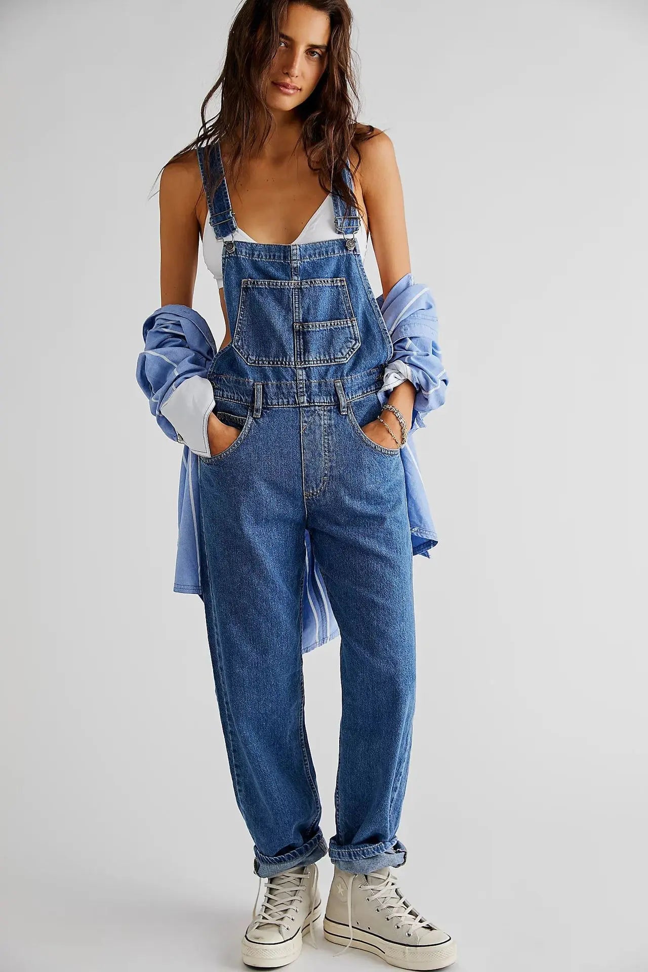 Lady Jumpsuits Retro Loose Straight Shoulder Straps Suspenders Pocket Overalls Casual Commuting Daily Work Wear Fashion Rompers
