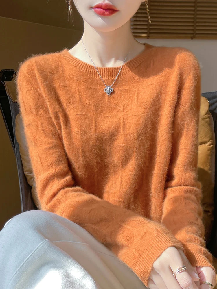 Women 100% Merino Wool Sweater Casual Hollow out Cashmere Blouse O-neck Pullover Tops Autumn Winter Warm Knit Woman Wool Sweater