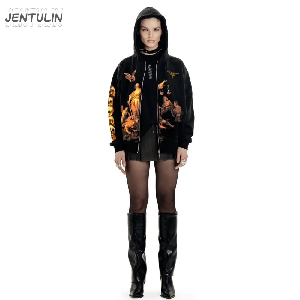 Streetwear Men Zipper Hoodie justice Graphic Print Zip Hooded Pullover Sweatshirt Hip Hop Jacket Y2K Coat Clothing Goth Top Punk