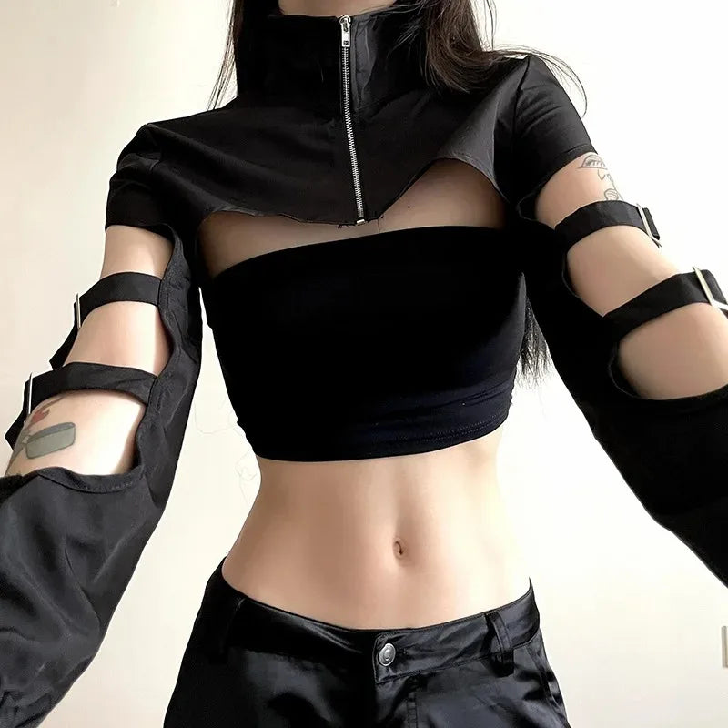 JOEVILU Women's Cyberpunk Goth Harajuku Crop Tops Long Sleeve Hollow Out Zipper T Shirt Y2K Grunge Streetwear Jacket for Dancing