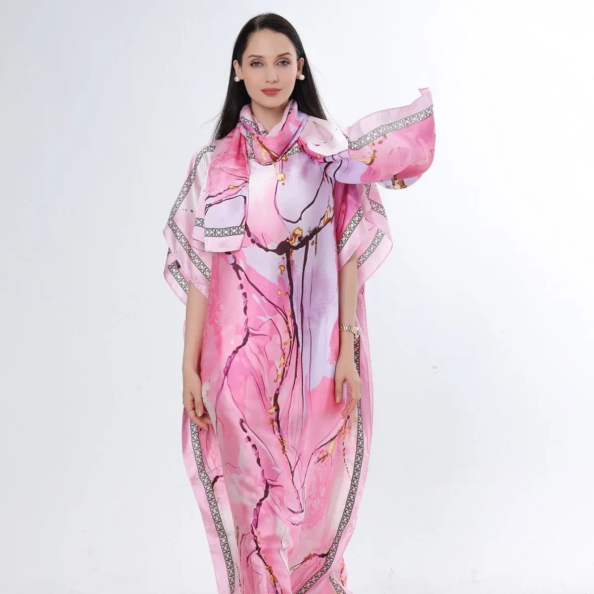 Summer New Fashion African Dresses For Women Elegant Printed Silk Muslim Lady Long Hijab Kaftan Dress Oversize Kuwait Abaya