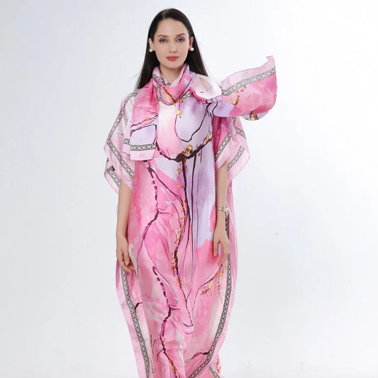 Summer New Fashion African Dresses For Women Elegant Printed Silk Muslim Lady Long Hijab Kaftan Dress Oversize Kuwait Abaya