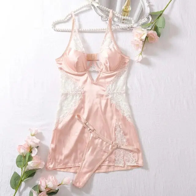 Sexy Deep-v Neck Satin Dress Sexy Lingerie Set For Women Lace Patchwork Split Sissy Night Dress Exotic Slip Dress Silk Nightwear