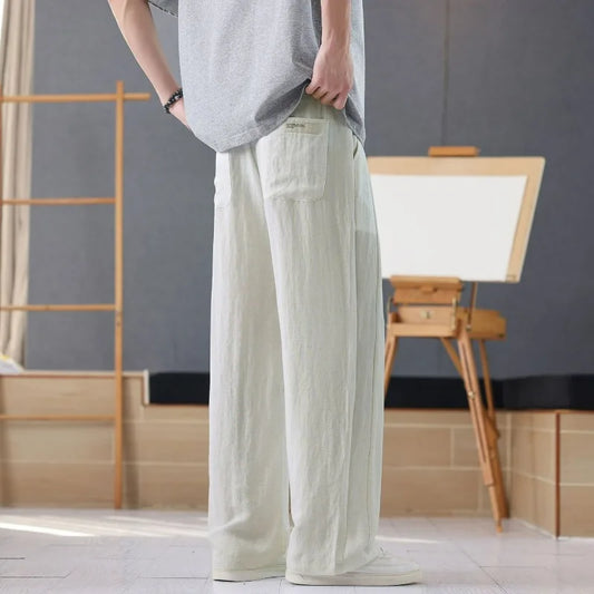 Men's Trousers Cotton Linen Fashion Casual Pants Spring Summer Beach Baggy Breathable Loose Straight Drawstring Pants Streetwear