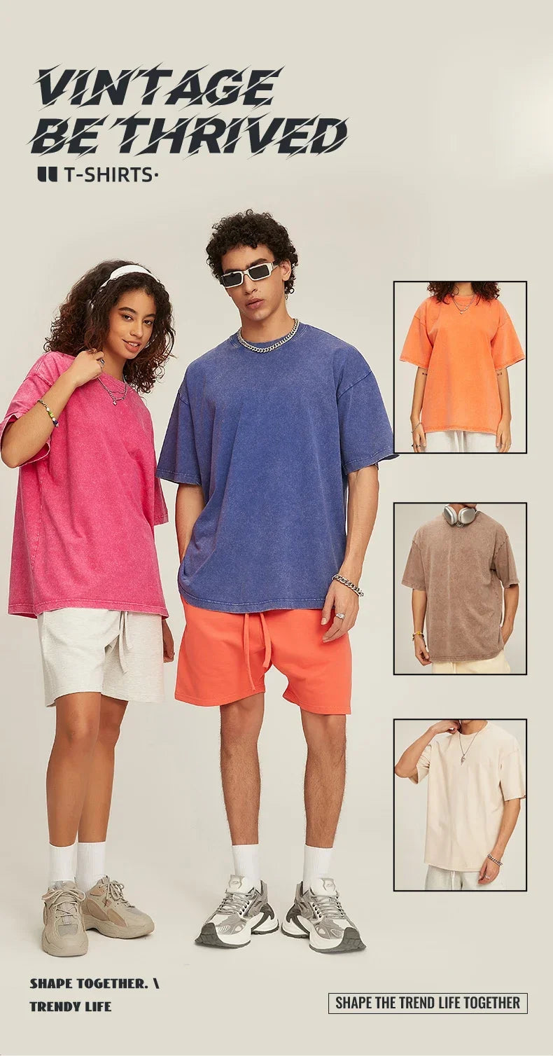 American Style Retro Heavyweight Solid Color Short Sleeved T-shirt Men Women Summer Street Trendy Washed Old Oversized Clothes
