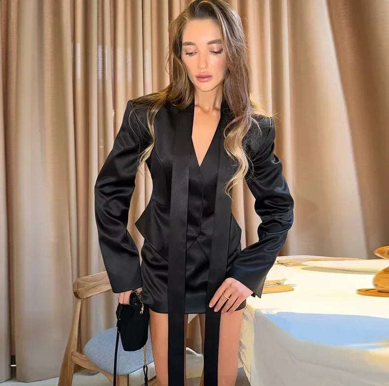Women Skirt Set V-neck Necktie Detail Cropped Satin Blazer Solid Mini Skirt Elegant Formal Party Office Outfit 2 Piece Suit Y2K