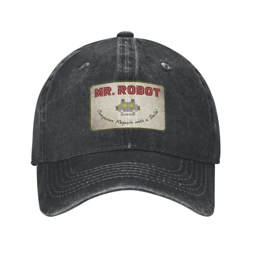 Computer with Sourires Anime Funny Mr Robot Custom Retro Cowboy Washed Baseball Caps for Men Denim Sun Hat Hip Hop Cap BAZAARHUBO