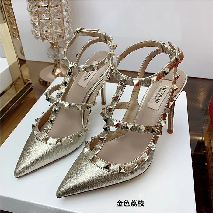 Nude Women's Gladiator sandals Summer 2025 Luxury With Ankle Strap Pointed Toe Fashion Rivet High Heels Party Ladies Shoes Women