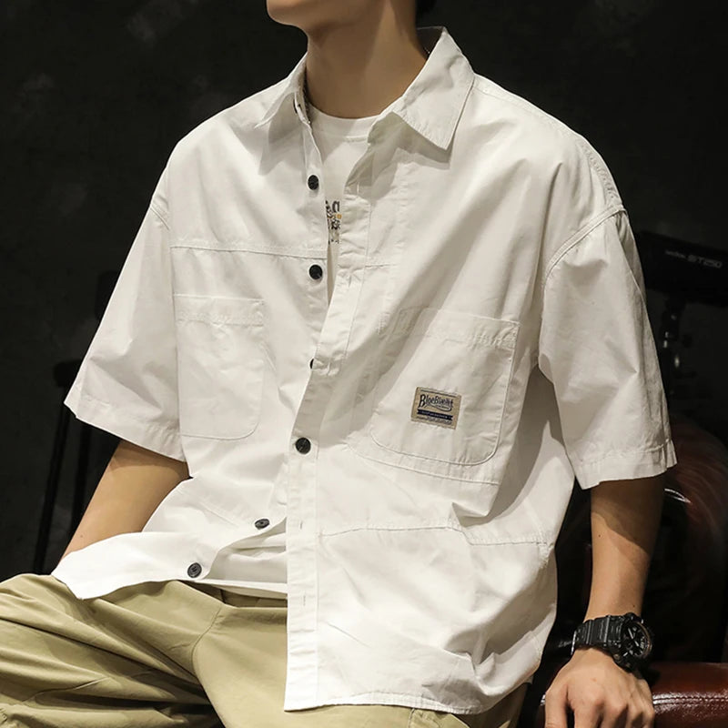 American Casual Short Sleeve Shirt For Men Summer Fashion Comfortable T-shirt 2026 New High Street Plain Lapel blouses hombre
