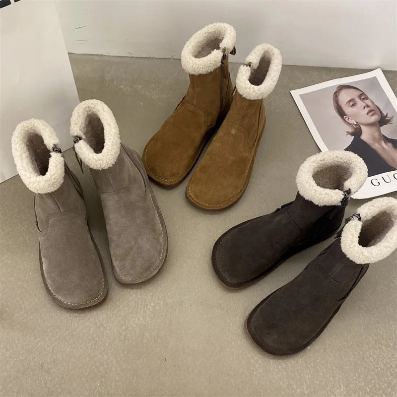 Careaymade-Genuine cow leather Snow cotton round head flats woolen short boots plush warm snow boots Oversized shoes size 35-43