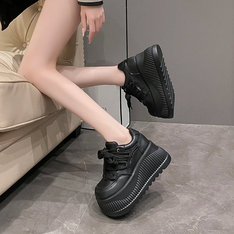 8.5CM New Synthetic Microfiber Leather Women Platform Wedge Ladies Chunky Sneakers 2024 High Brand Fashion Vulcanize Pumps Shoes