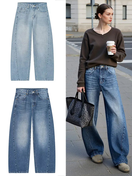 HH Women Fashion Baggy Straight Jeans Casual Loose Mid Waist Denim Pants Autumn Female High Street Chic Trousers Jeans