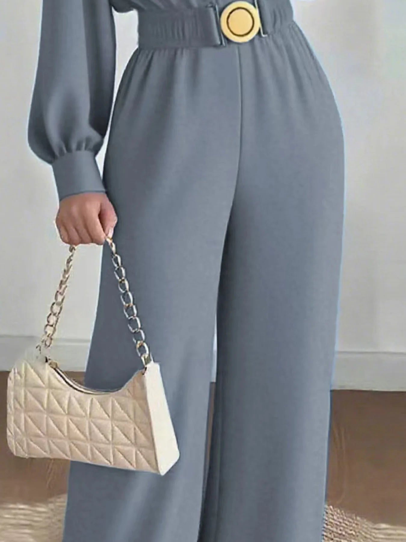 V Neck Solid Long Jumpsuits Fashion Commuting Belt Lace-Up Puff Sleeves Wide Legger Romper Casual Long Sleeve Women's Playsuit