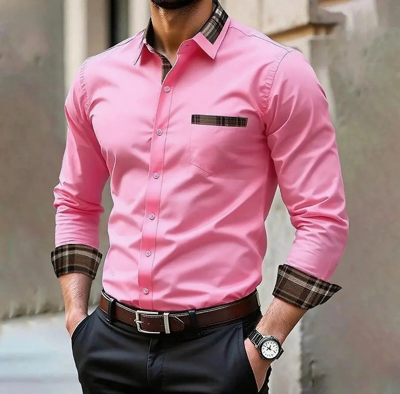 Men's pocket casual formal shirt, available in 12 colors, stylish and comfortable long sleeved shirt, suitable for weddings and