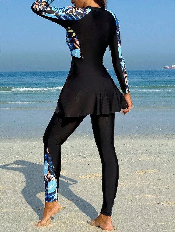 Burkini Femmes Swimwear Long Sleeve Black Tunic Swimsuit Full Leggings Front Zipper Swimming Suit Sun Protection Two Piece