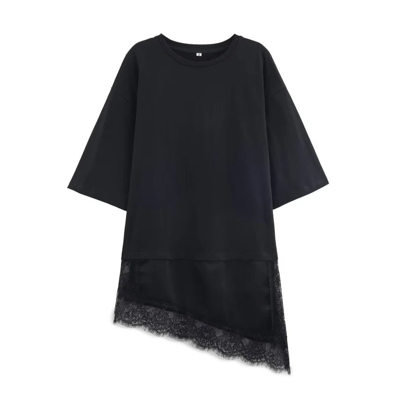 Women's Spring Summer Asymmetric Lace Trim Half Sleeve T-Shirt Back to School Casual Daily Wear Fashion Versatile Top 4 Colors