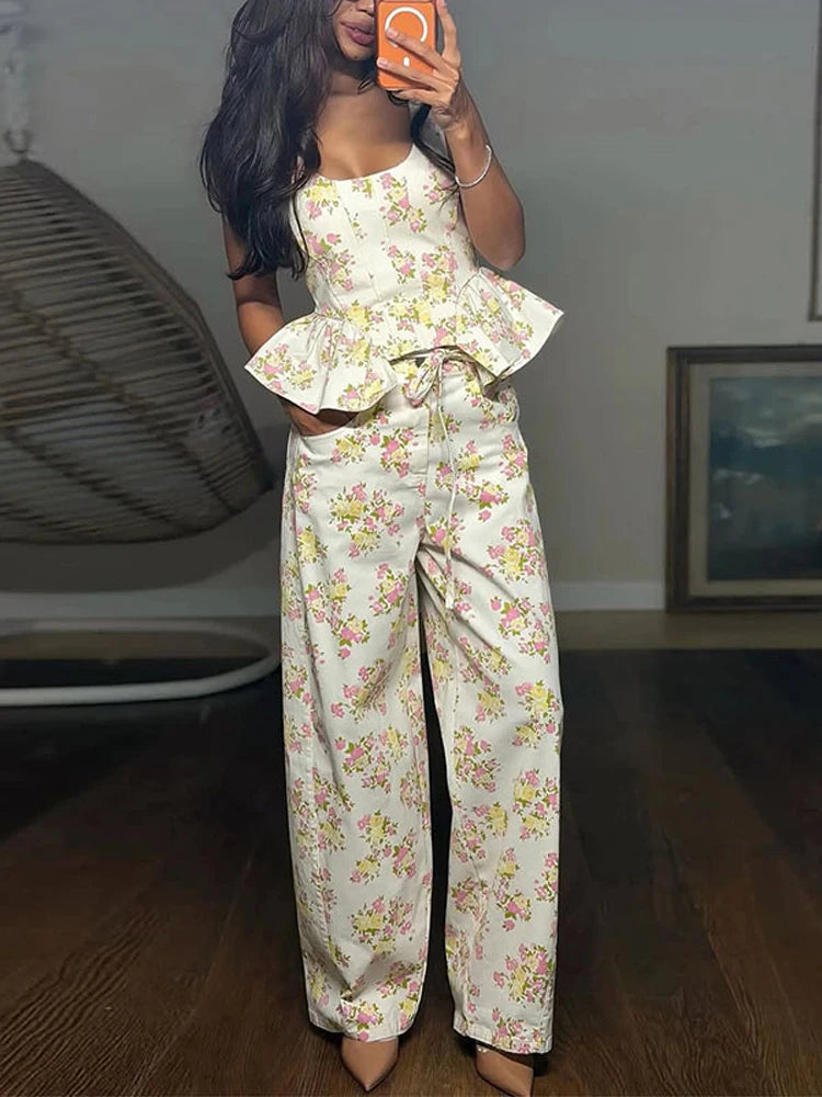 Floral Printed Women Long Pants Set Elegant Sleeveless Backless Vest Wide Leg Trousers Chic Holiday Vacation Lady Summer Outfits BAZAARHUBO