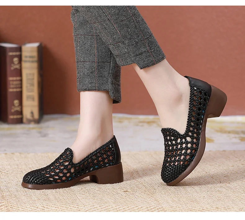 Summer Hollow Woven Breathable Shoes Women Sandals Big Size Thick Heels Genuine Leather Shoes Summer Casual Sandals