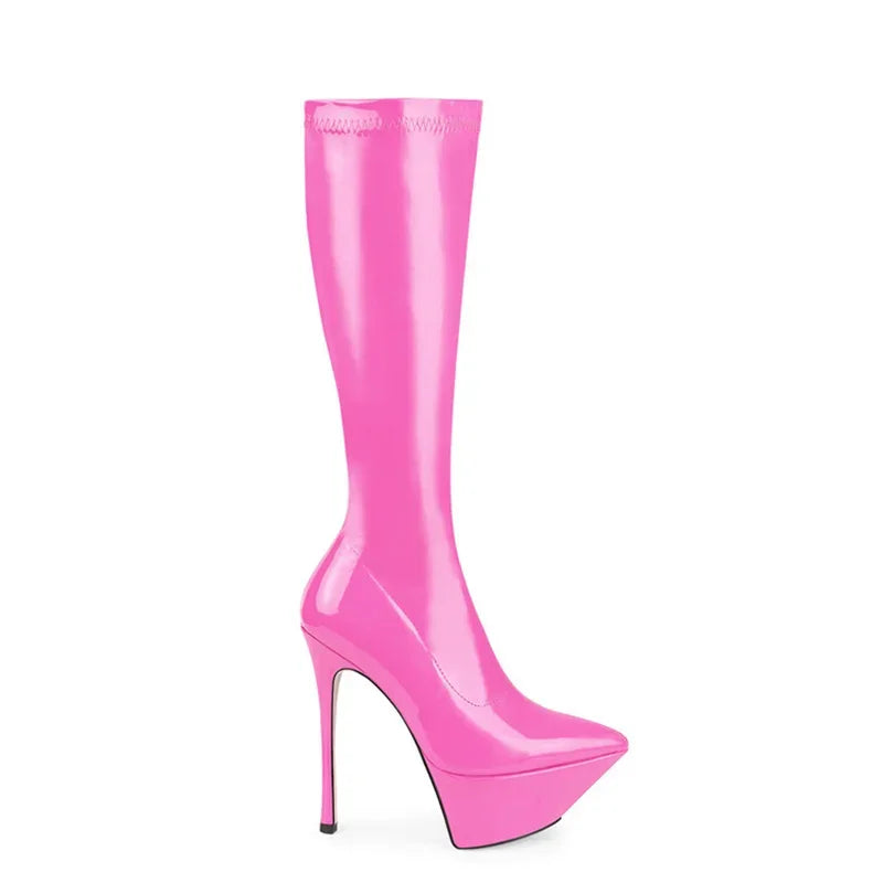 New Women Knee High Boots Patent Leather Pointed 15cm High Heels Winter Short Plush Waterproof Platform Girl Boots Large 34-45